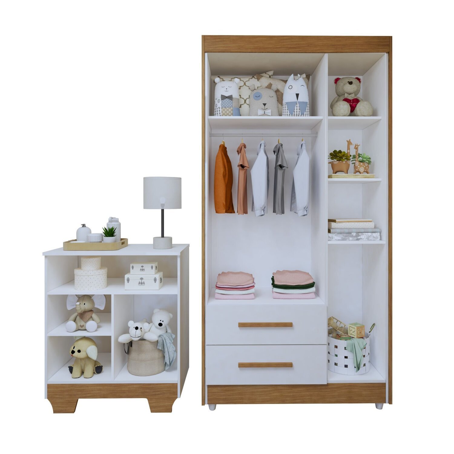 Encontraproduto.com.br - Quarto de Bebê Completo 100% Mdf com Guarda Roupa, Cômoda e Mini Berço Sonharte Branco/Amadeirado