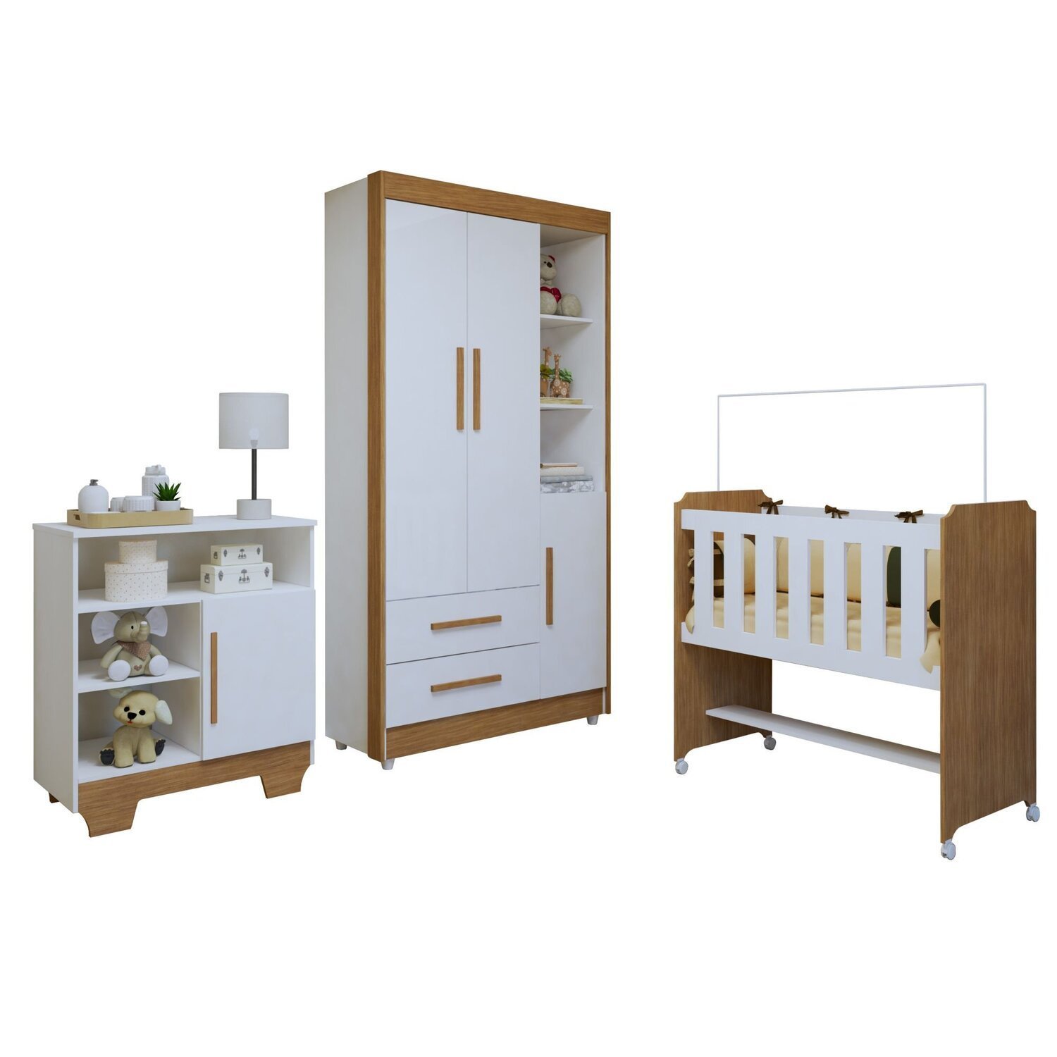Encontraproduto.com.br - Quarto de Bebê Completo 100% Mdf com Guarda Roupa, Cômoda e Mini Berço Sonharte Branco/Amadeirado