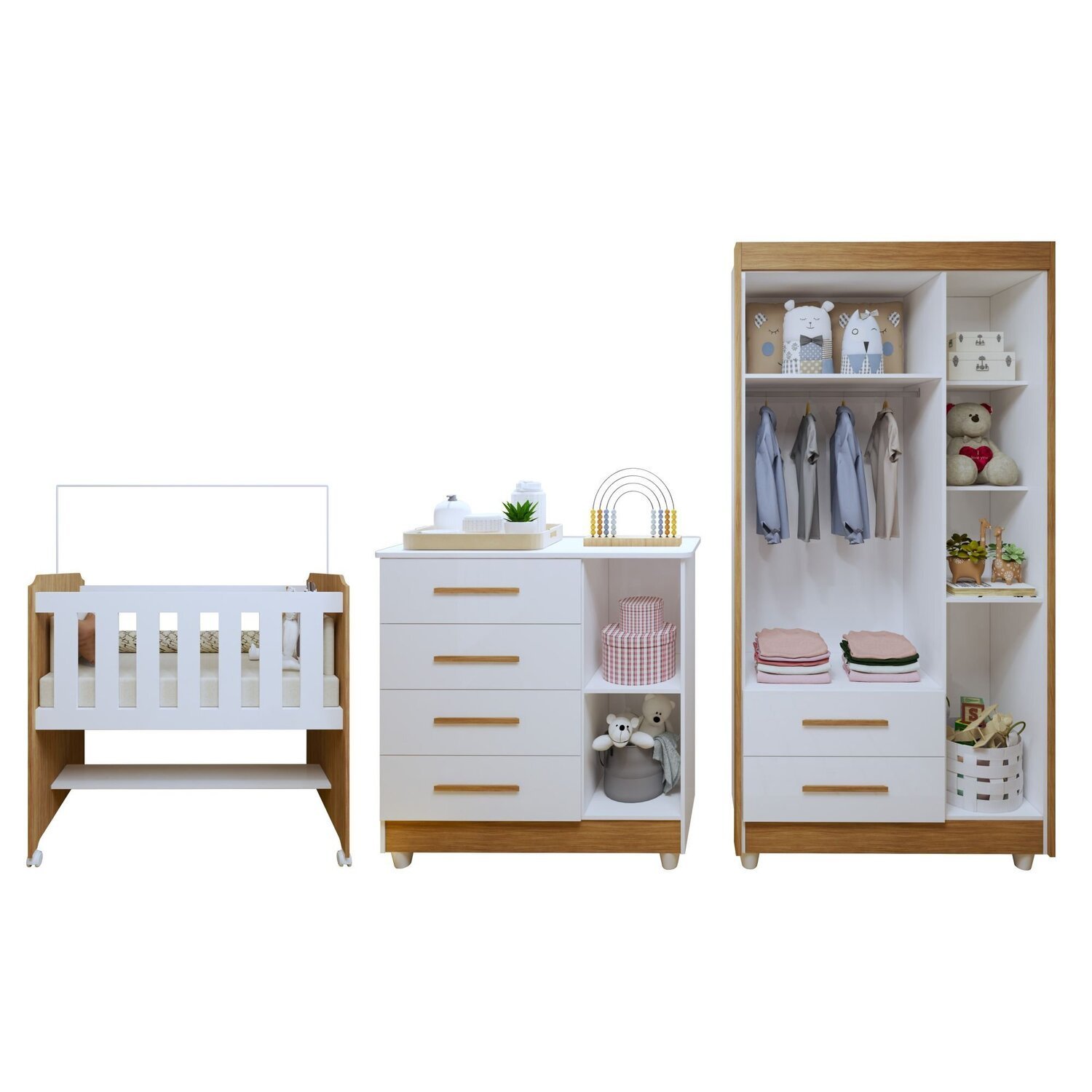 Encontraproduto.com.br - Quarto de Bebê Completo 100% MDF com Guarda-Roupa, Cômoda e Mini Berço Estelar Branco/Amadeirado