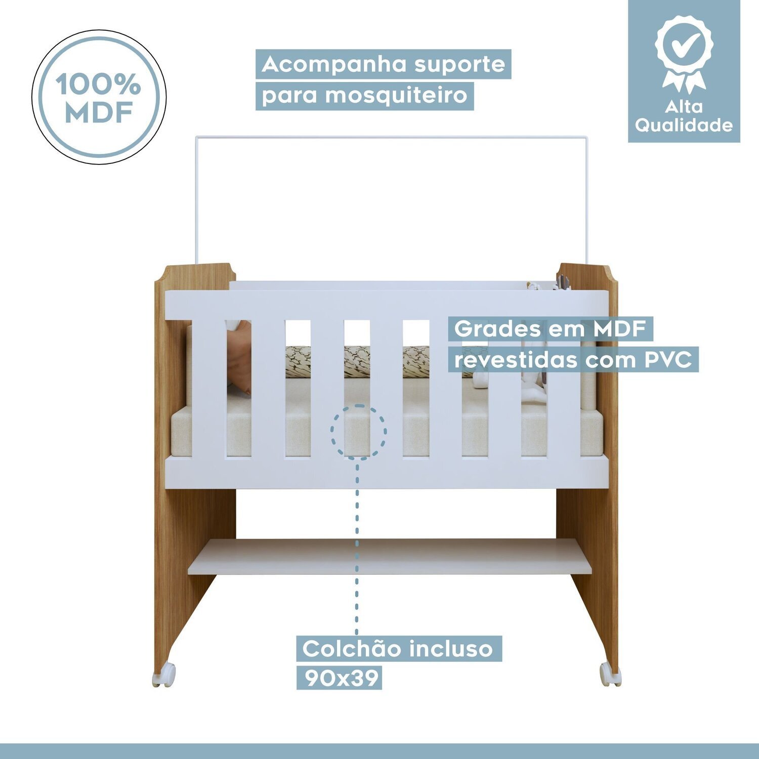 Encontraproduto.com.br - Quarto de Bebê Completo 100% MDF com Guarda-Roupa, Cômoda e Mini Berço Estelar Branco/Amadeirado