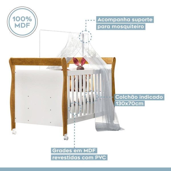 Encontraproduto.com.br - Berço Mini Cama Slim Branco Com Ipê 100 Mdf Tigus Baby
