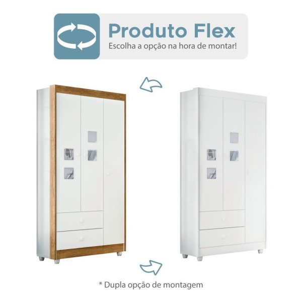 Encontraproduto.com.br - Roupeiro Life Flex Color Branco E Ypê Com Branco 3 Portas 2 Gavetas Tigus Baby Branco E Ypê