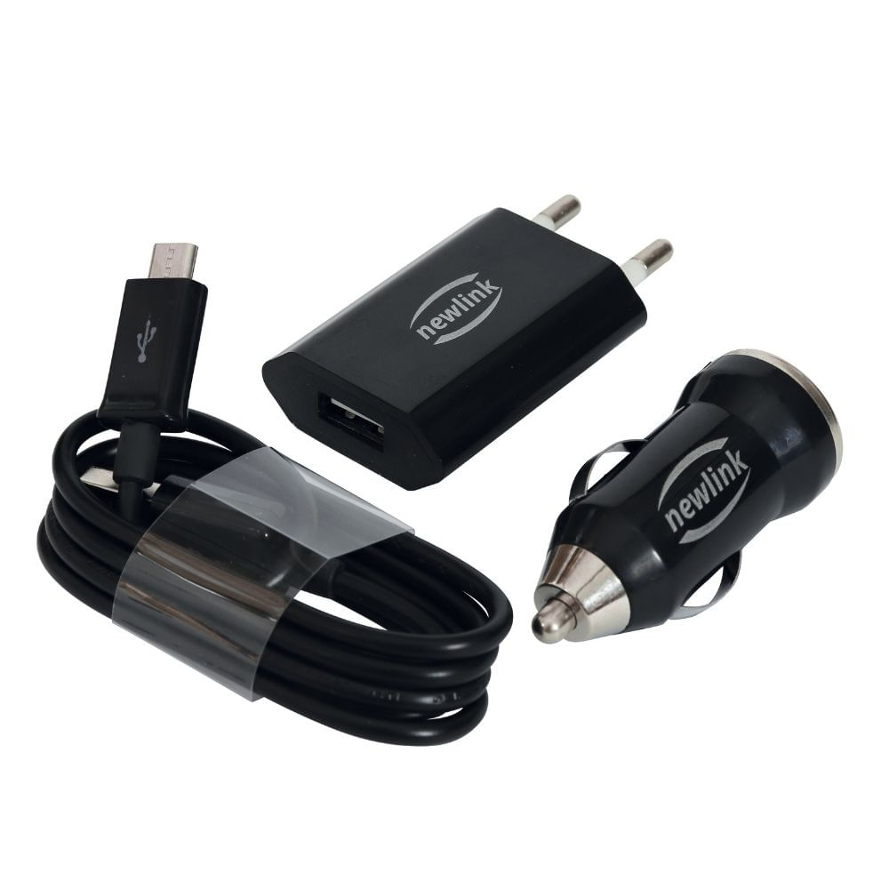 Kit Carregadores Micro Usb Automotivo E Tomada Newlink Kt100 Preto