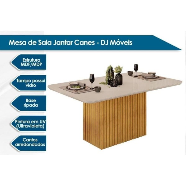 Encontraproduto.com.br - Sala De Jantar Completa Canes Tampo Madeirado C- Vidro Curvo 170x90cm E 6 Cadeiras Diana Freijo-off White - Ipe-linho Neve - Dj Móveis