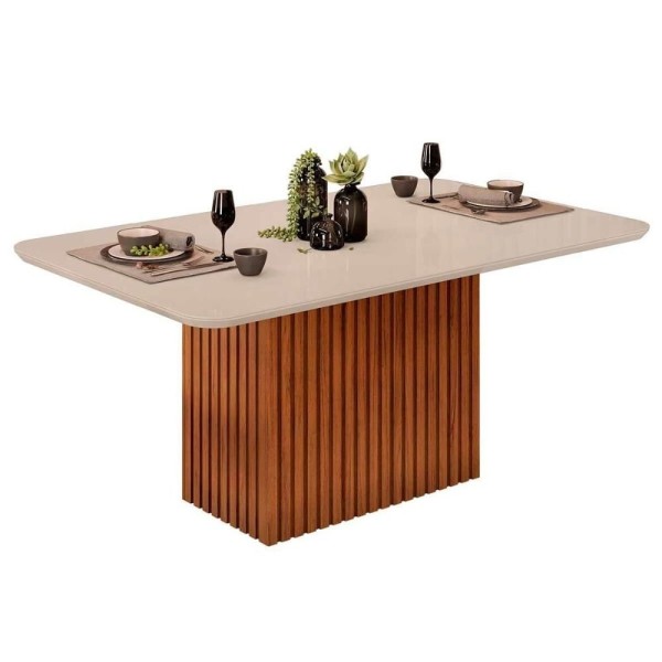 Encontraproduto.com.br - Sala De Jantar Completa Canes Tampo Madeirado C- Vidro Curvo 170x90cm E 8 Cadeiras Stela Cedro-off White - Ipe-linho Neve - Dj Móveis