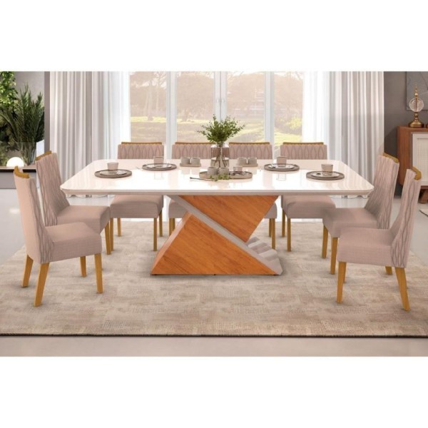 Encontraproduto.com.br - Sala De Jantar Completa Zafira Tampo Madeirado C- Vidro Curvo 200x100cm E 8 Cadeiras Jade Cedro-off White - Linho Saara - Dj Móveis