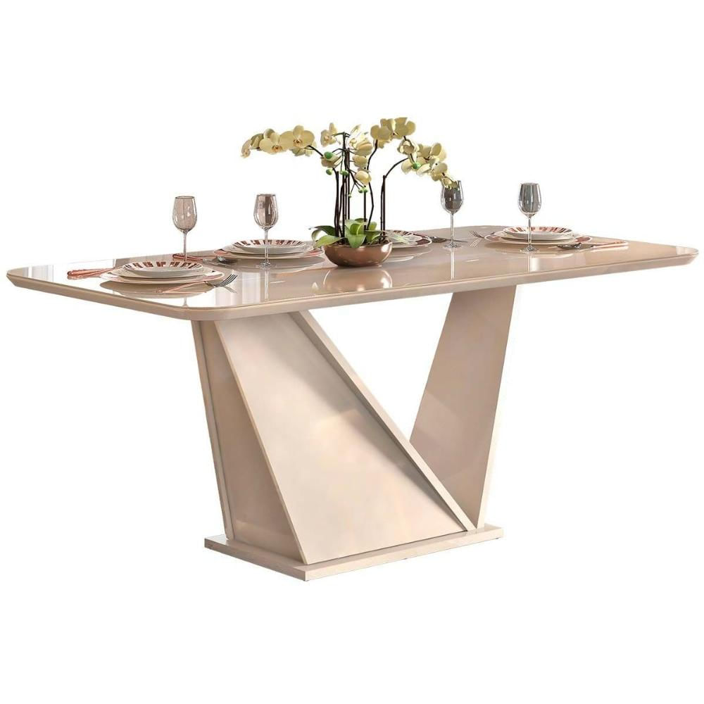 Mesa Para Cozinha Forme + Tampo Madeirado Vidro Curvo 180x90cm Off White - Dj Móveis