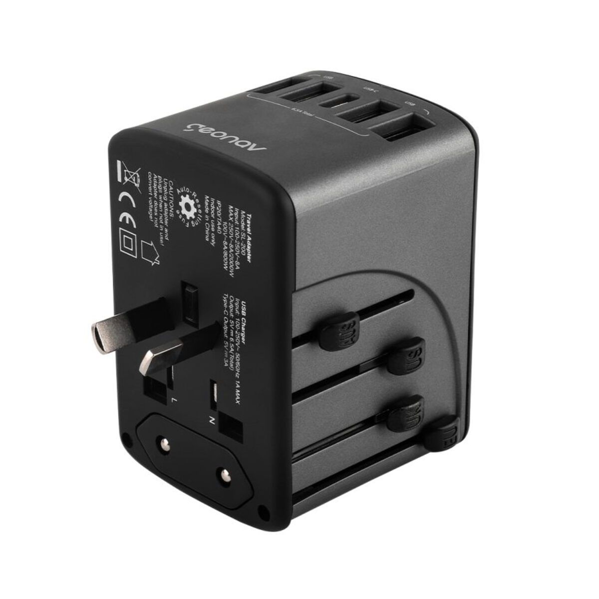 Encontraproduto.com.br - Carregador Adaptador de Viagem Universal, Com 4 Saidas, USB e USB-C TLCH65BK Geonav