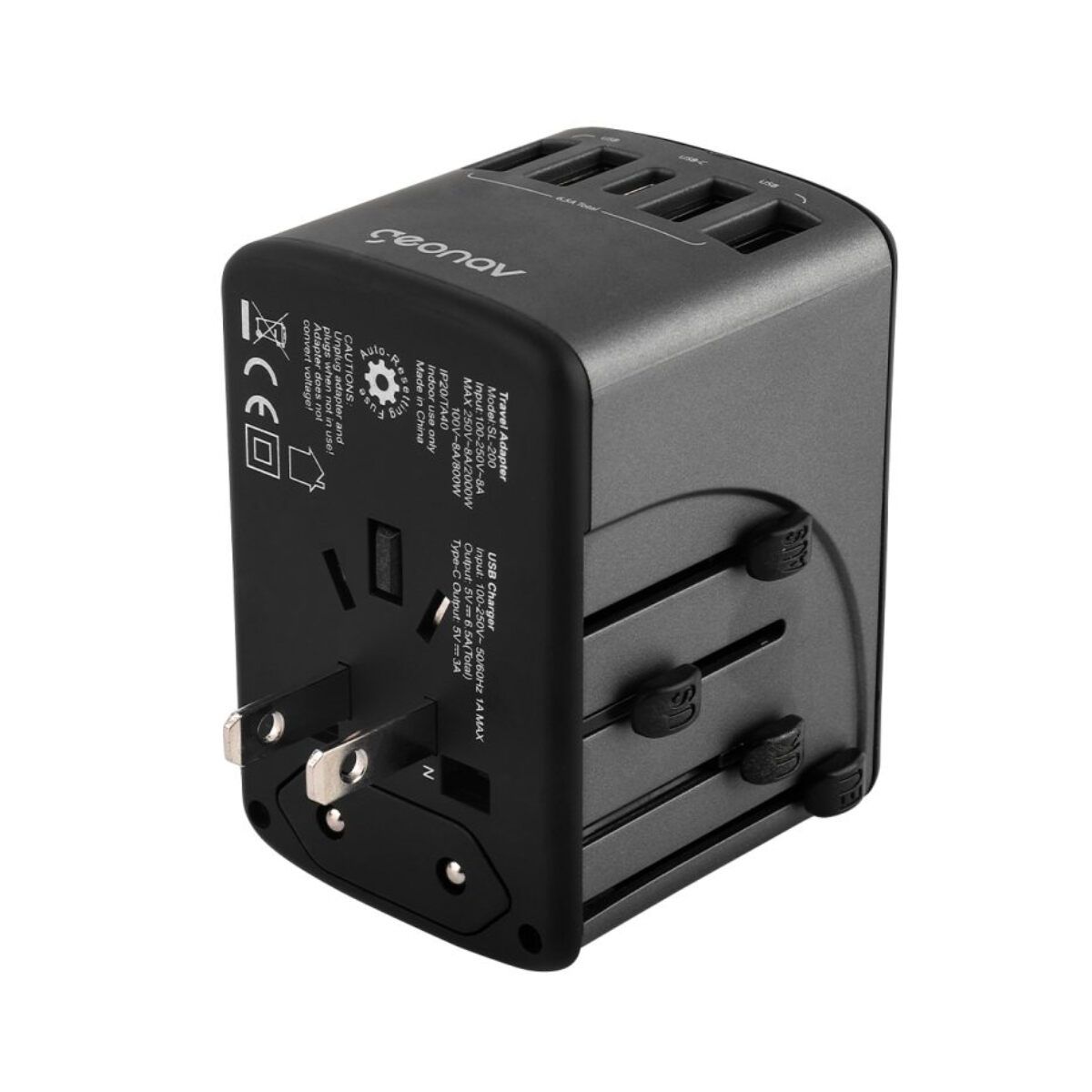Encontraproduto.com.br - Carregador Adaptador de Viagem Universal, Com 4 Saidas, USB e USB-C TLCH65BK Geonav