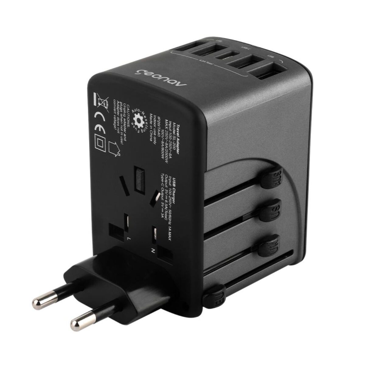 Encontraproduto.com.br - Carregador Adaptador de Viagem Universal, Com 4 Saidas, USB e USB-C TLCH65BK Geonav