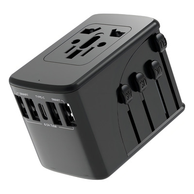 Encontraproduto.com.br - Carregador Adaptador de Viagem Universal, Com 4 Saidas, USB e USB-C TLCH65BK Geonav