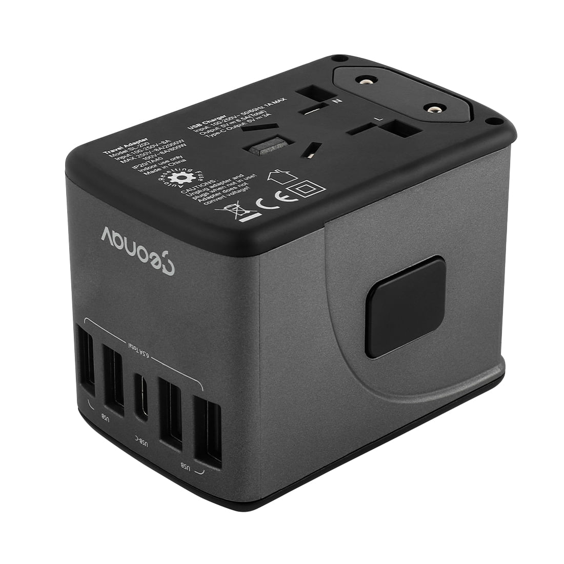 Encontraproduto.com.br - Carregador Adaptador de Viagem Universal, Com 4 Saidas, USB e USB-C TLCH65BK Geonav