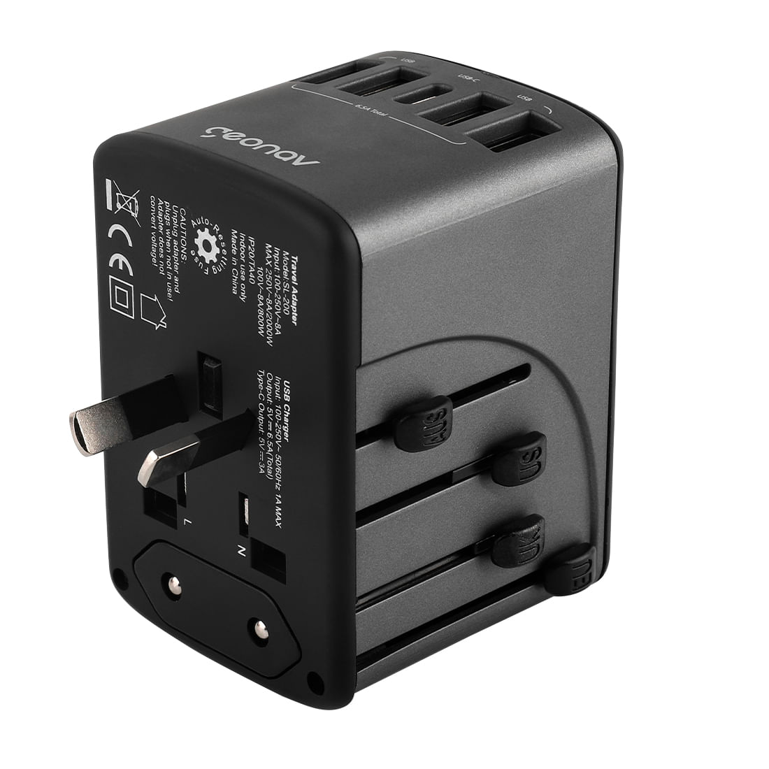 Encontraproduto.com.br - Carregador Adaptador de Viagem Universal, Com 4 Saidas, USB e USB-C TLCH65BK Geonav