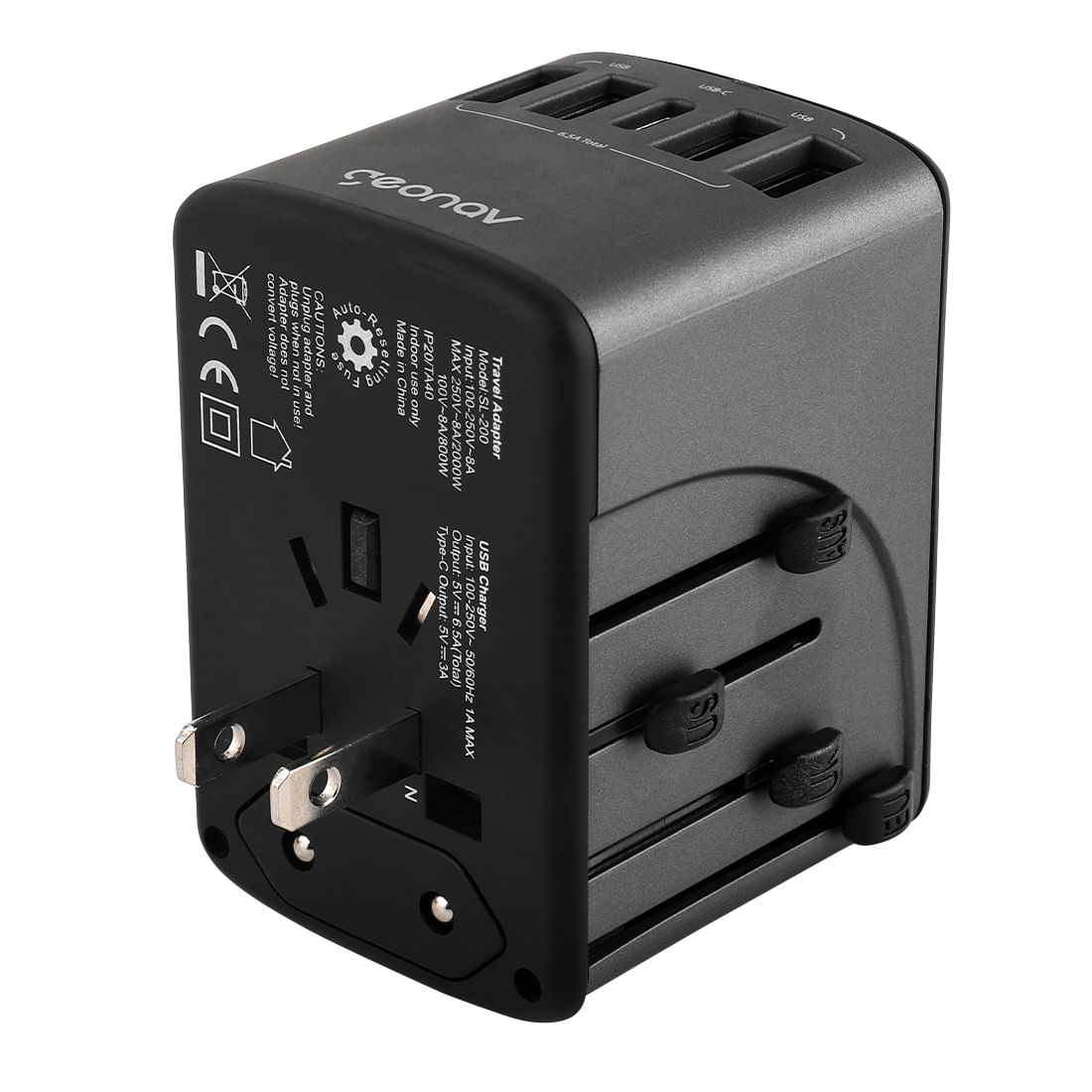 Encontraproduto.com.br - Carregador Adaptador de Viagem Universal, Com 4 Saidas, USB e USB-C TLCH65BK Geonav