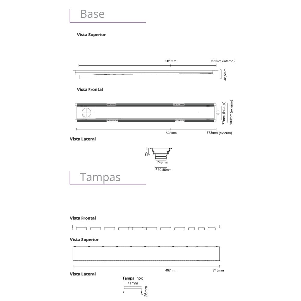 Encontraproduto.com.br - Ralo Linear Elleve Versatile 4252 50cm Saída na Extremidade com Tampa Inox