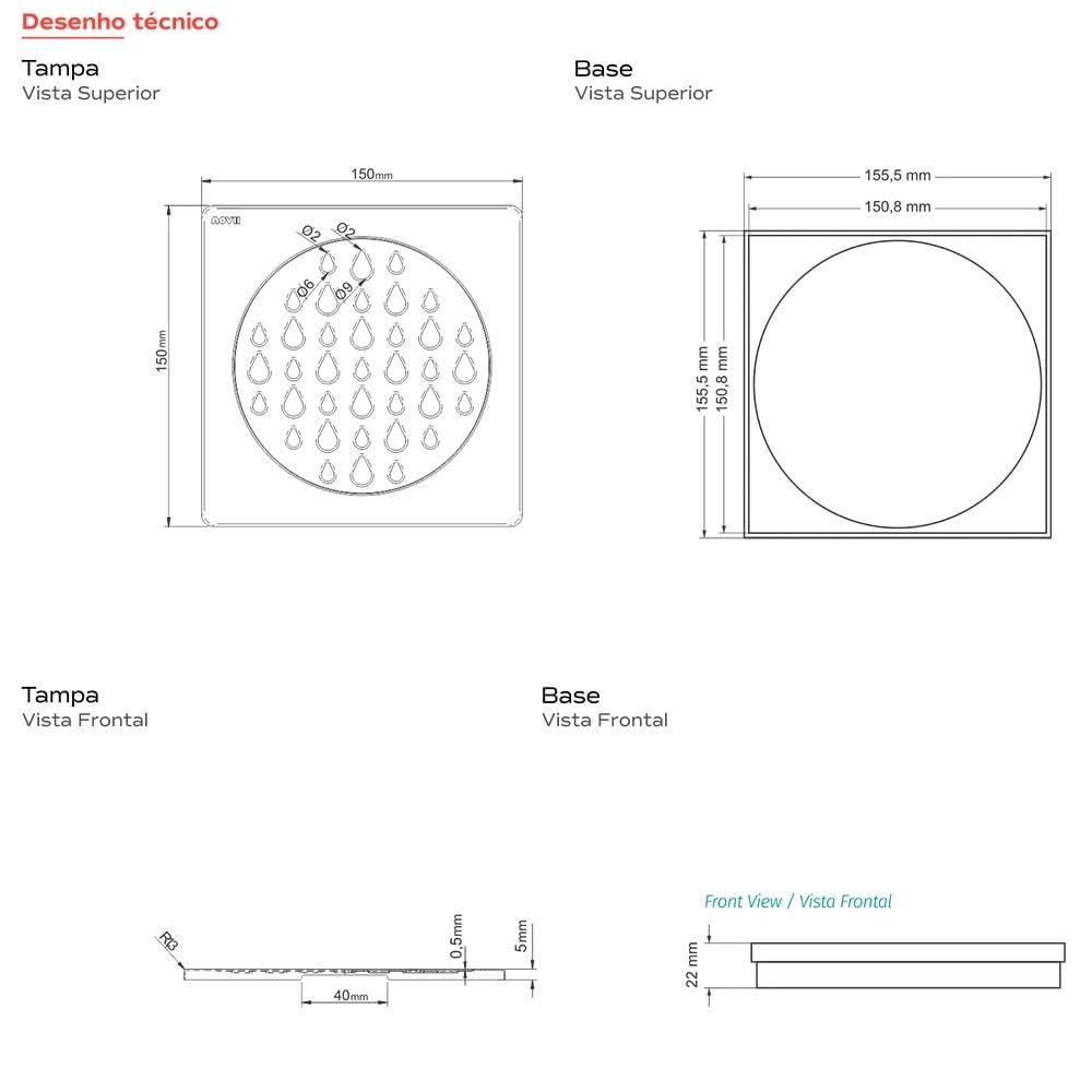 Encontraproduto.com.br - Grelha para Ralo Linear Novii Quadrada 5206 15x15 Aço Inox