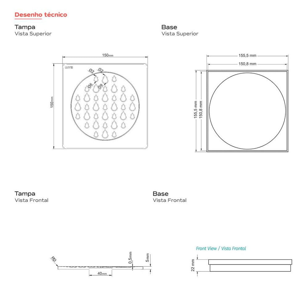 Encontraproduto.com.br - Grelha para Ralo Linear Novii Quadrada 5206 15x15 Aço Inox