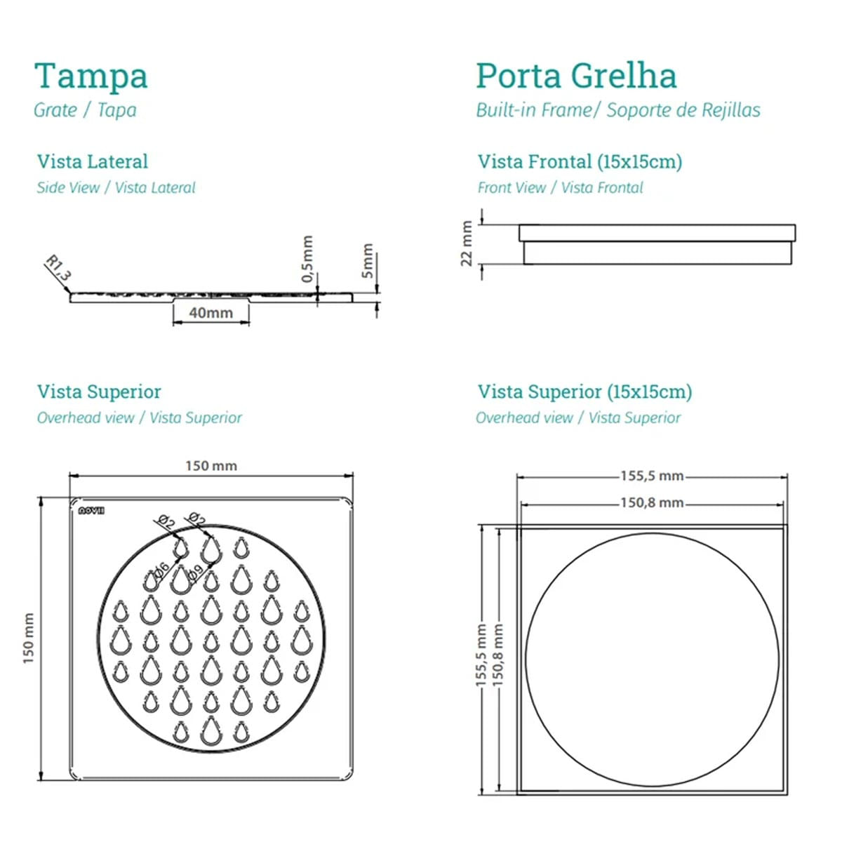 Encontraproduto.com.br - Grelha para Ralo Linear Novii Quadrada 5206 15x15 Aço Inox