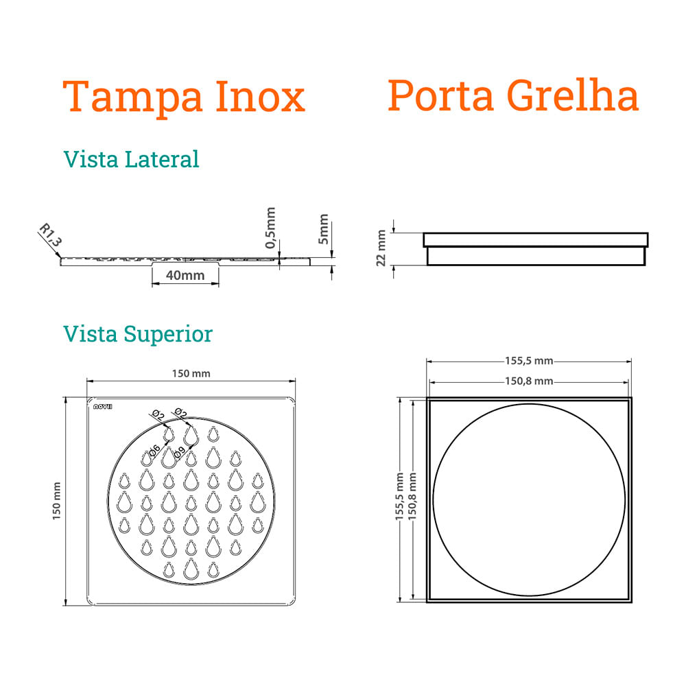 Encontraproduto.com.br - Grelha para Ralo Linear Novii Quadrada 5206 15x15 Aço Inox