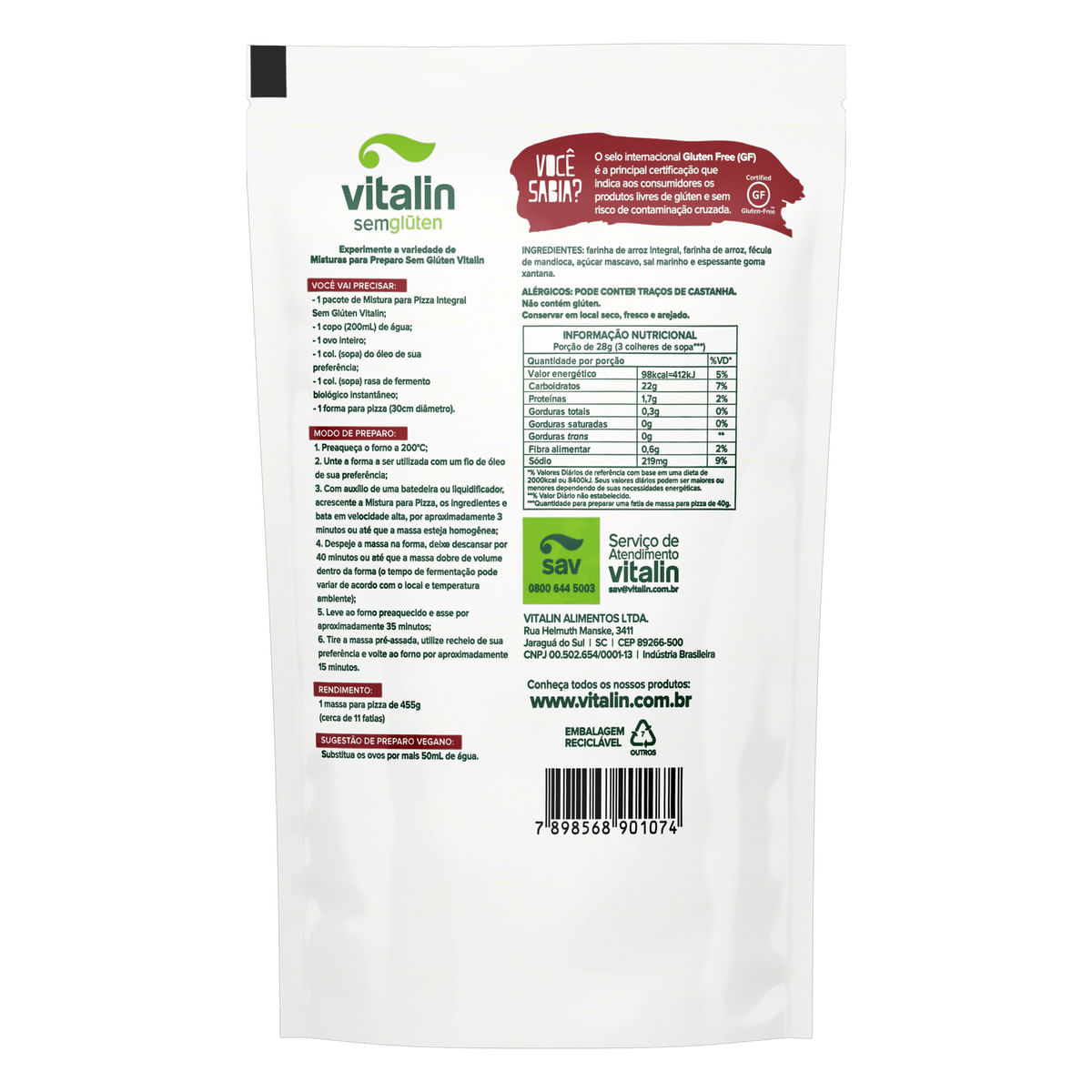 Encontraproduto.com.br - Mistura Vitalin p/ Massa de Pizza Integral s/ Glúten Zero Lactose Sachê200g