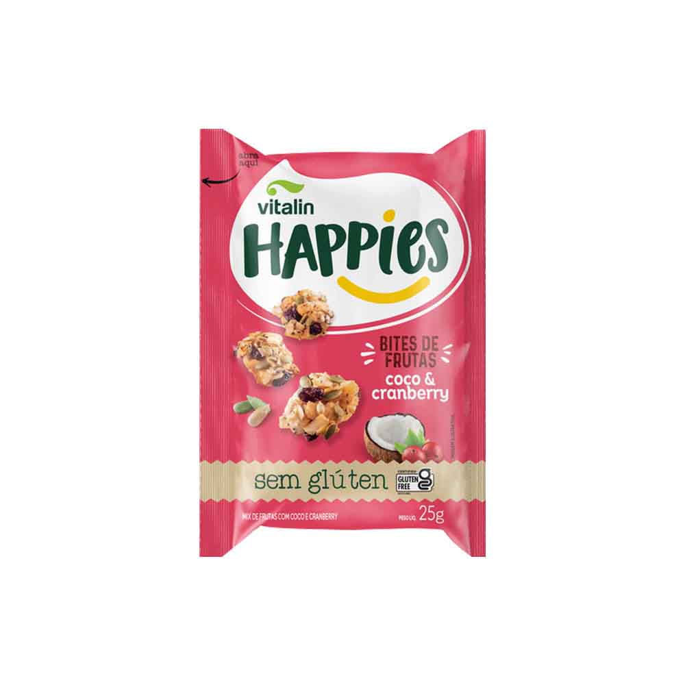 Encontraproduto.com.br - Mix de Frutas e Sementes Bites Coco e Cranberry Vitalin Happies Pacote 25g