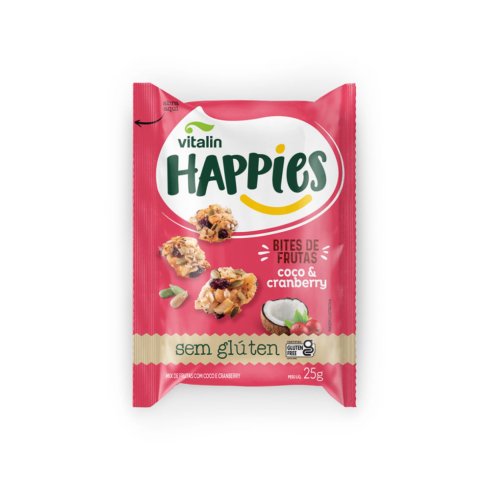 Encontraproduto.com.br - Mix de Frutas e Sementes Bites Coco e Cranberry Vitalin Happies Pacote 25g