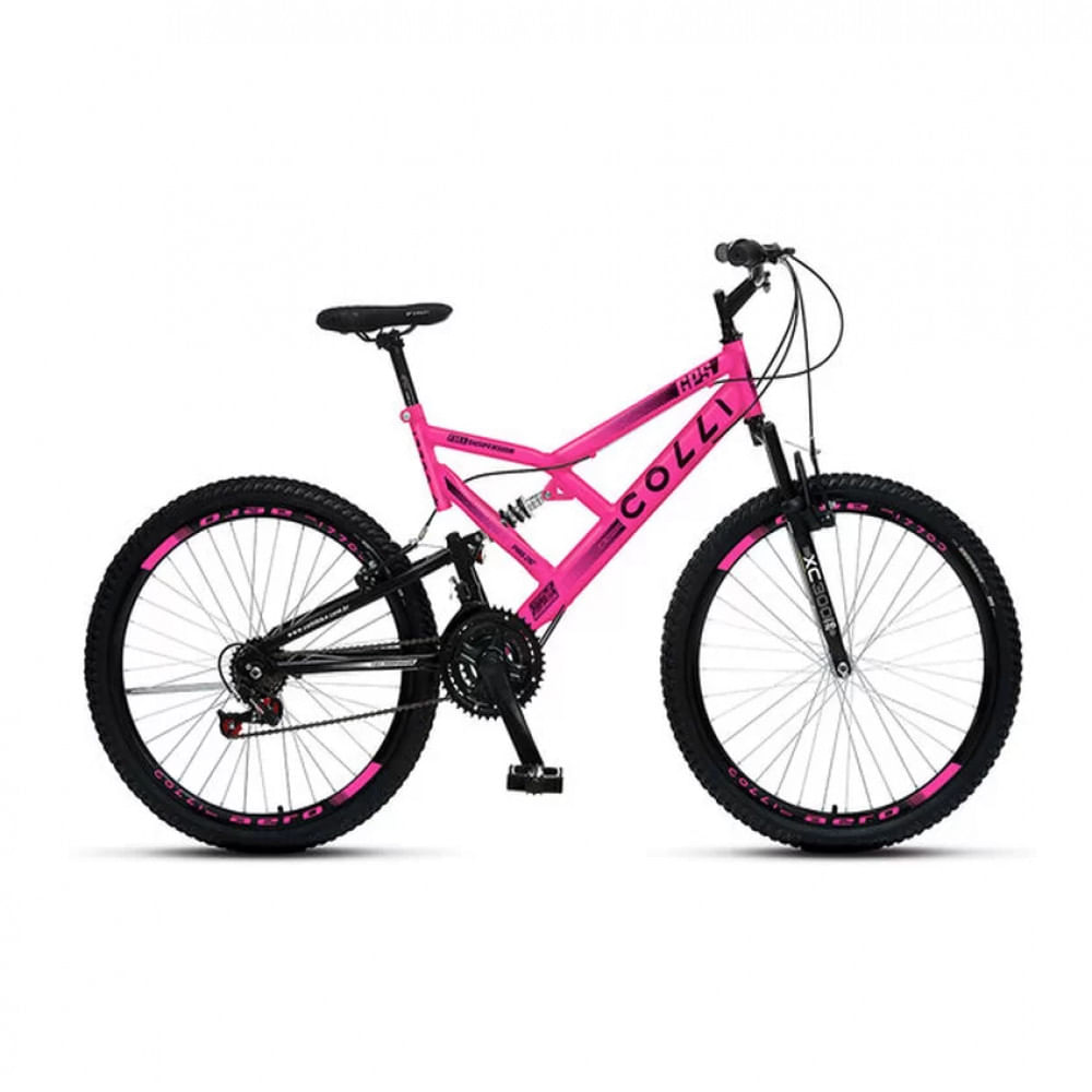 Encontraproduto.com.br - Bicicleta Colli GPS Aro 26 em Aço Carbono 21 Marchas Dupla Suspensão com Freio V-Brake - Rosa