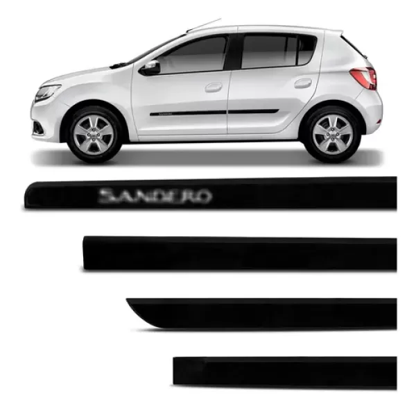 Jogo de Friso Lateral Sandero 2007 a 2020 Black Piano com Grafia Cromada Tipo Borrachão