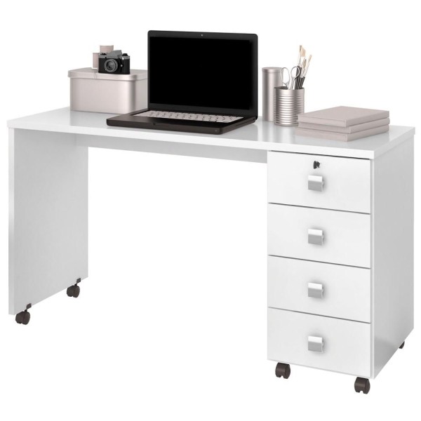 Encontraproduto.com.br - Mesa Para Computador Escrivaninha Office 4 Gavetas Dubai Branco - Lukaliam Móveis