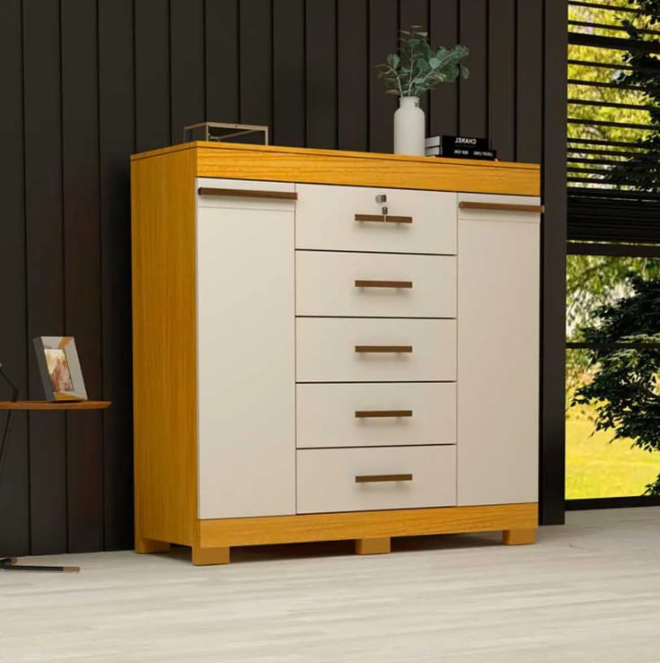 Encontraproduto.com.br - Cômoda Diana Prime Com 5 Gavetas Com Chave Acp Móveis Naturalle Com Off White