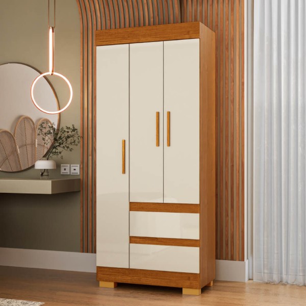 Encontraproduto.com.br - Guarda Roupa ACP Maya 3 Portas com Pés - Cinamomo/Off White