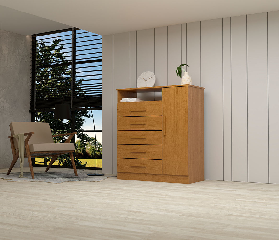 Encontraproduto.com.br - Cômoda ACP Madri com 5 Gavetas e Sapateira Lateral - Cinamomo