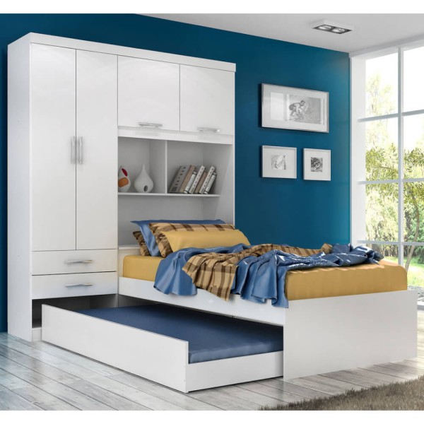 Encontraproduto.com.br - Guarda Roupas Milena ACP com Cama + Cama Auxiliar Solteiro e Baú