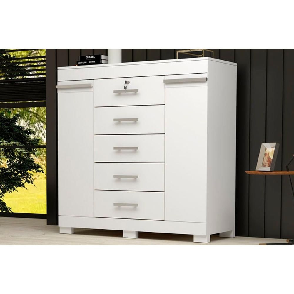Encontraproduto.com.br - Cômoda ACP Diana 5 Gavetas e 2 Portas com Sapateira e Corrediças Metálicas - Branco