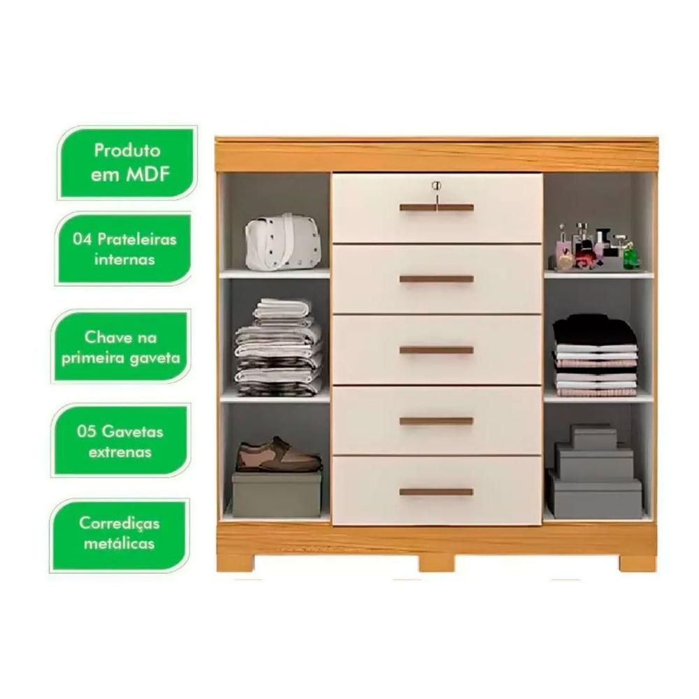 Encontraproduto.com.br - Cômoda ACP Diana 5 Gavetas e 2 Portas com Sapateira e Corrediças Metálicas - Branco