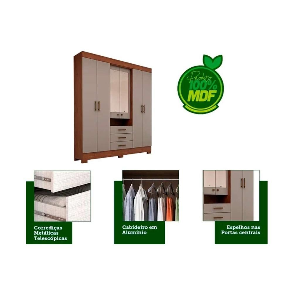 Encontraproduto.com.br - Guarda Roupa Casal com Espelho e Pés 6 Portas 3 Gavetas 100% MDF Debora ACP