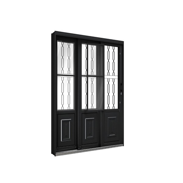 Encontraproduto.com.br - Porta Rio Bras Pronta De Correr Lateral Com Postigo E Grade Mosaico 2 Folhas Móveis E 1 Folha Fixa 213x150 Esquerda Preta Ullian