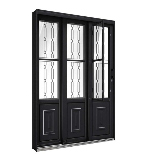 Encontraproduto.com.br - Porta Rio Bras Pronta De Correr Lateral Com Postigo E Grade Mosaico 2 Folhas Móveis E 1 Folha Fixa 213x150 Esquerda Preta Ullian