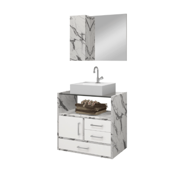 Kit Gabinete Apolo com Cuba e Espelho Branco/Carrara Astral Design