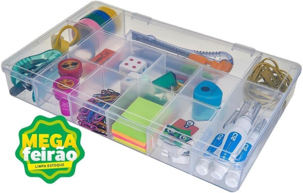 Encontraproduto.com.br - Caixa Organizadora Usual Tamanho G Polipropileno Transparente 13 Divisórias