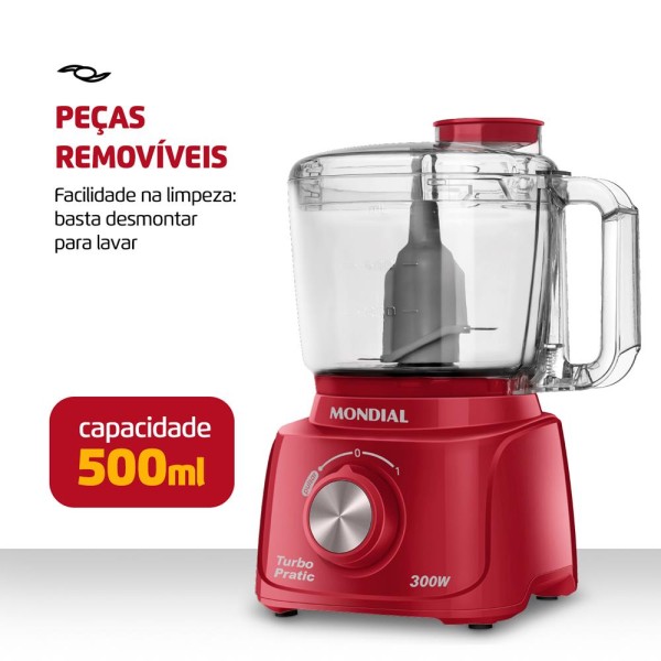 Encontraproduto.com.br - Mini Processador Mondial Turbo Pratic Vermelho 300W 220V MP-16-R