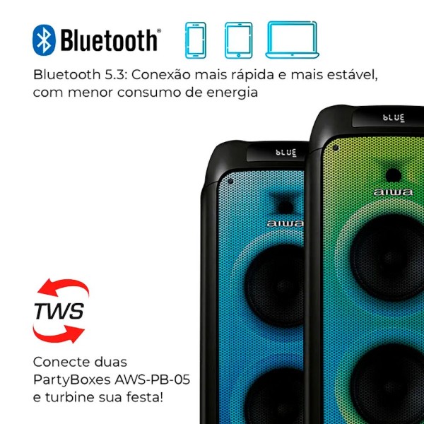 Encontraproduto.com.br - Caixa de Som PartyBox AIWA PB-05 Bluetooth 20H RGB USB TWS Preto
