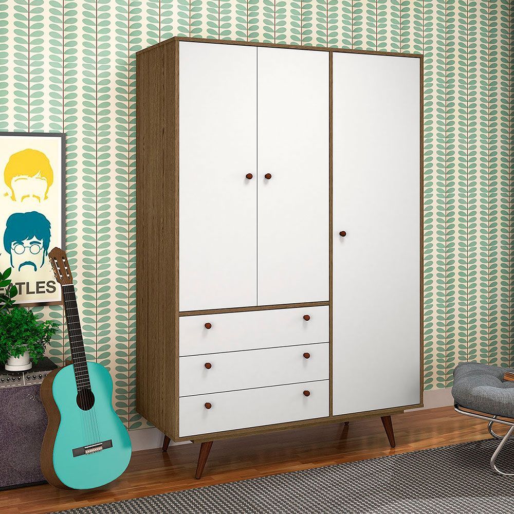 Encontraproduto.com.br - Guarda-Roupa Casal Retrô Plus 3 PT 3 GV Rustik Carvalho e Branco