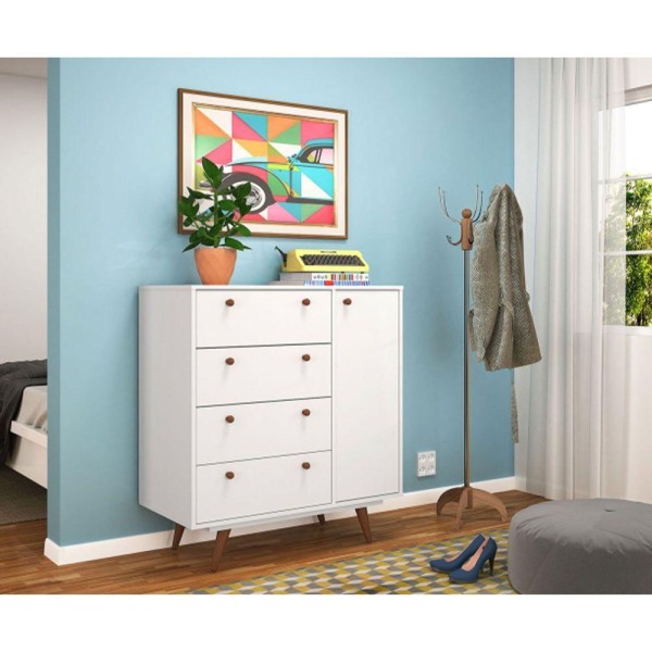 Encontraproduto.com.br - Cômoda 4 Gavetas e 1 Porta Retrô 30 Olivar Branco