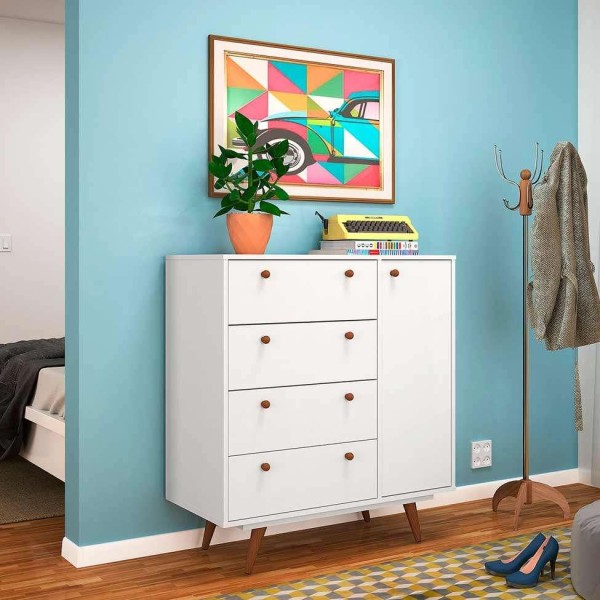 Encontraproduto.com.br - Cômoda 4 Gavetas e 1 Porta Retrô 30 Olivar Branco
