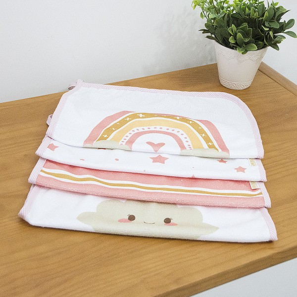 Encontraproduto.com.br - Kit com 4 paninhos de boca para bebê em felpa Céu Rosa - Brubrelel Baby