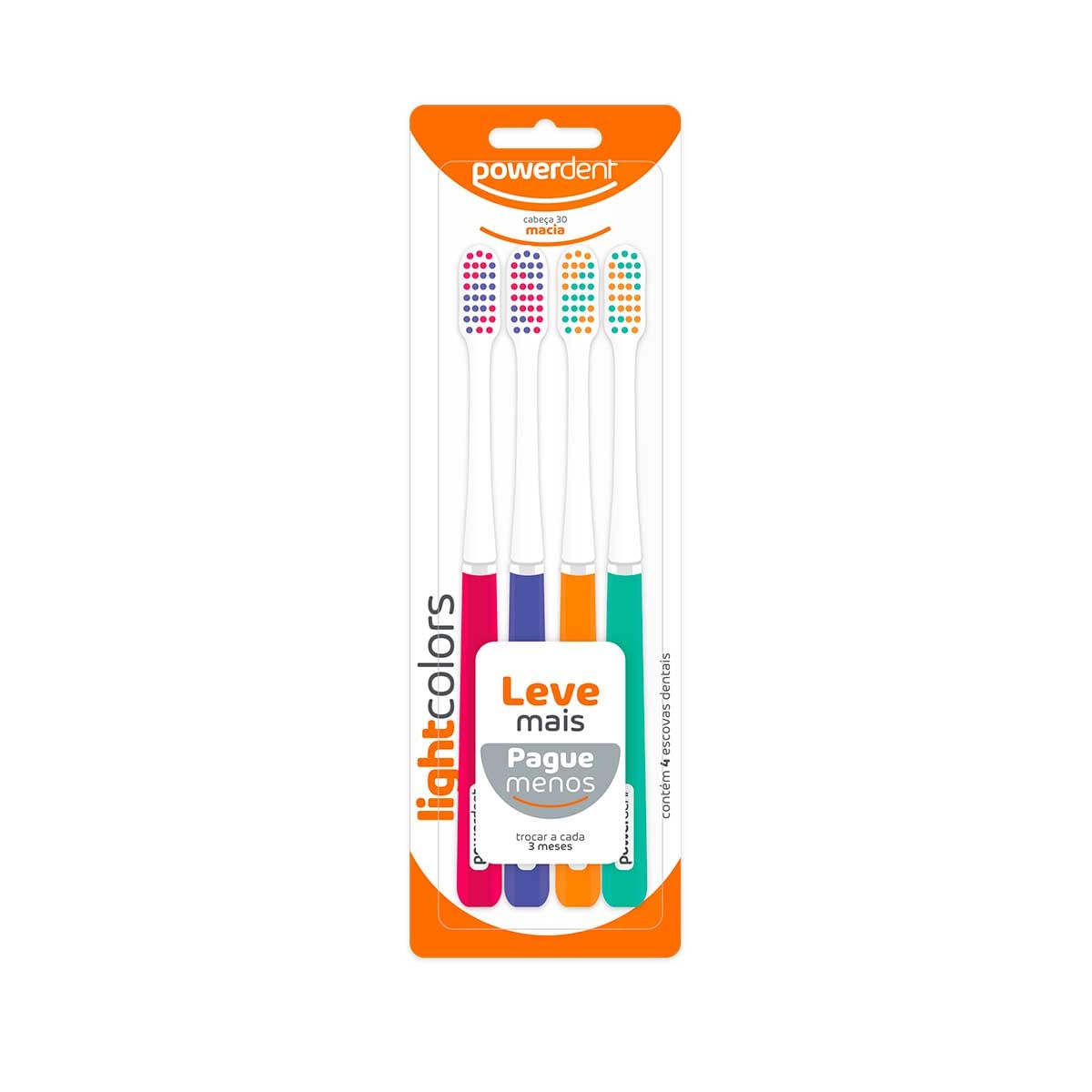 Escova Dental Powerdent Light Colors com 4 unidades