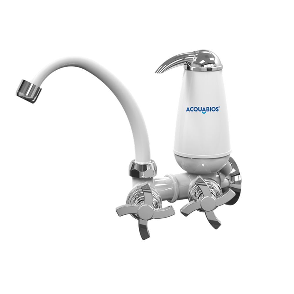 Encontraproduto.com.br - Torneira Pia Cozinha de Parede com Filtro Acquabios Quadriseta 1/4 Volta Bica Alta Móvel Branco/Cromada