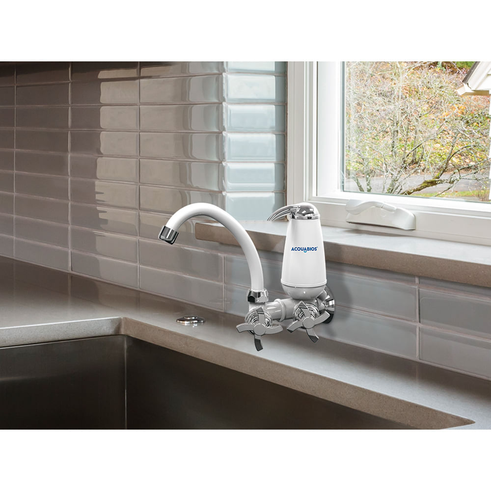 Encontraproduto.com.br - Torneira Pia Cozinha de Parede com Filtro Acquabios Quadriseta 1/4 Volta Bica Alta Móvel Branco/Cromada