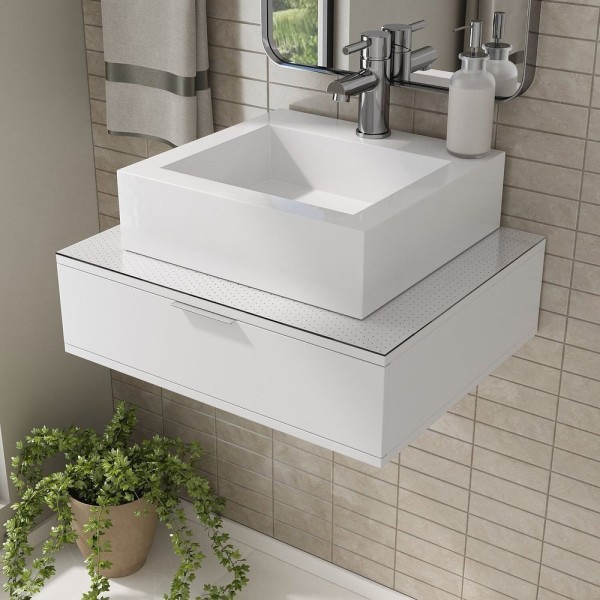 Encontraproduto.com.br - Bancada para banheiro branca de MDF Blu 60cm vidro com rasgo branco Bumi